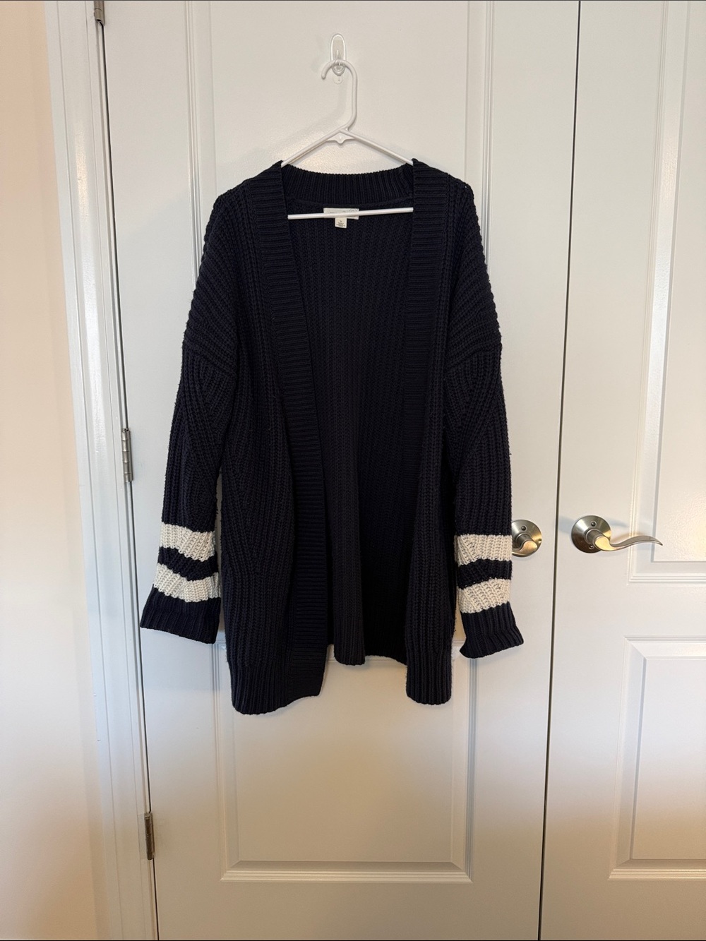 Treasure & Bond Navy Open Cardigan with Cream Sleeve Stripes